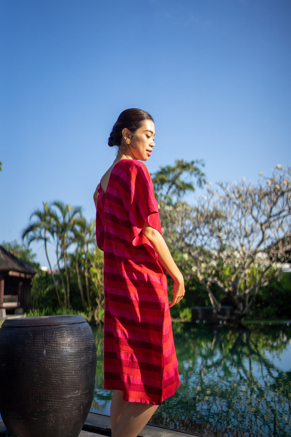 Poncho Kaftan - Handwoven Pink Stripes