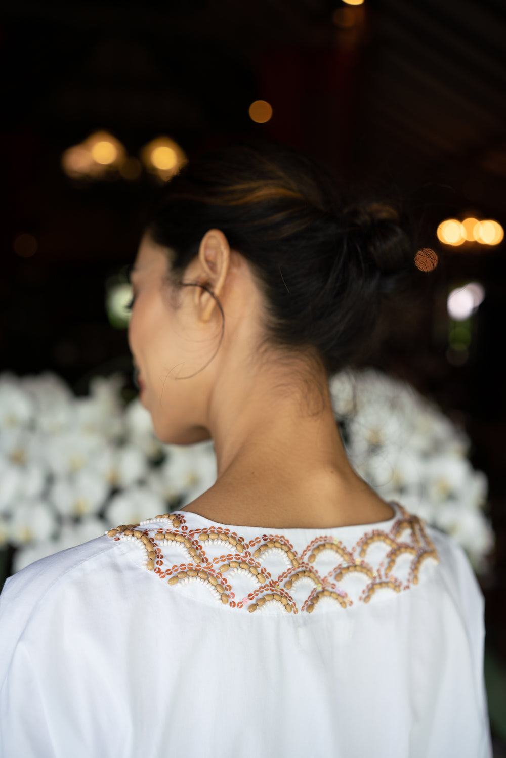 Rebecca Kaftan hand-beaded in white